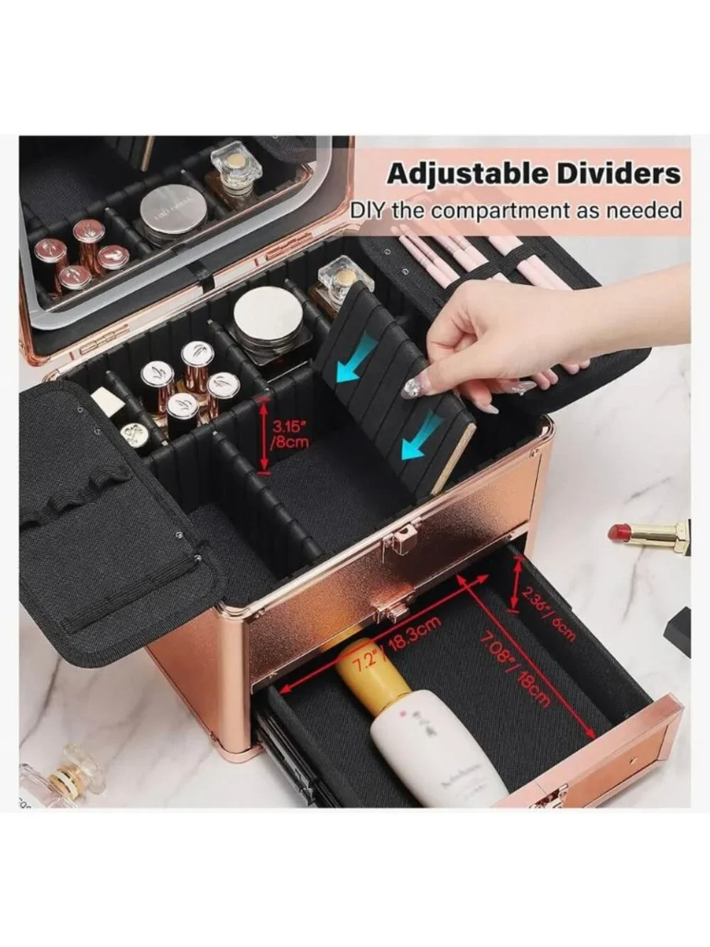NEW! Travel Makeup Bag with Led Mirror, Hard Shell Case with 6 Detachable